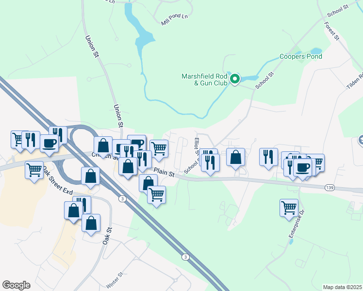 map of restaurants, bars, coffee shops, grocery stores, and more near 1020 Plain Street in Marshfield