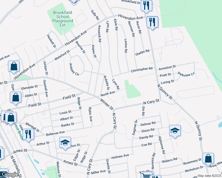 map of restaurants, bars, coffee shops, grocery stores, and more near 40 Ardsley Street in Brockton