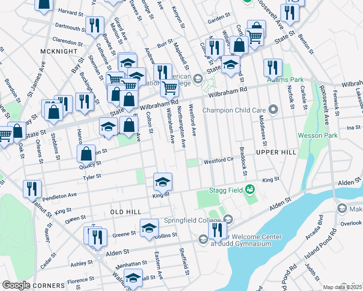 map of restaurants, bars, coffee shops, grocery stores, and more near 83 Northampton Avenue in Springfield