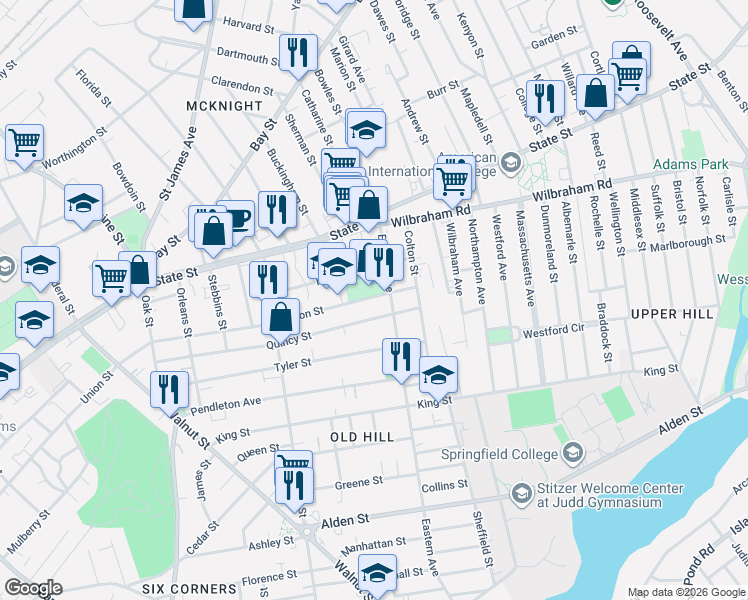 map of restaurants, bars, coffee shops, grocery stores, and more near 48 Eastern Avenue in Springfield