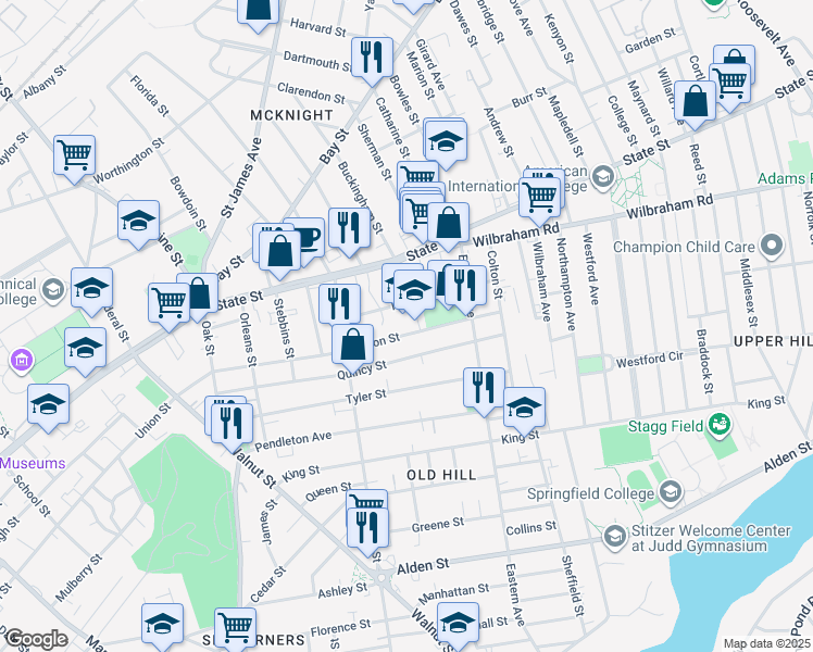 map of restaurants, bars, coffee shops, grocery stores, and more near 51 Monroe Street in Springfield