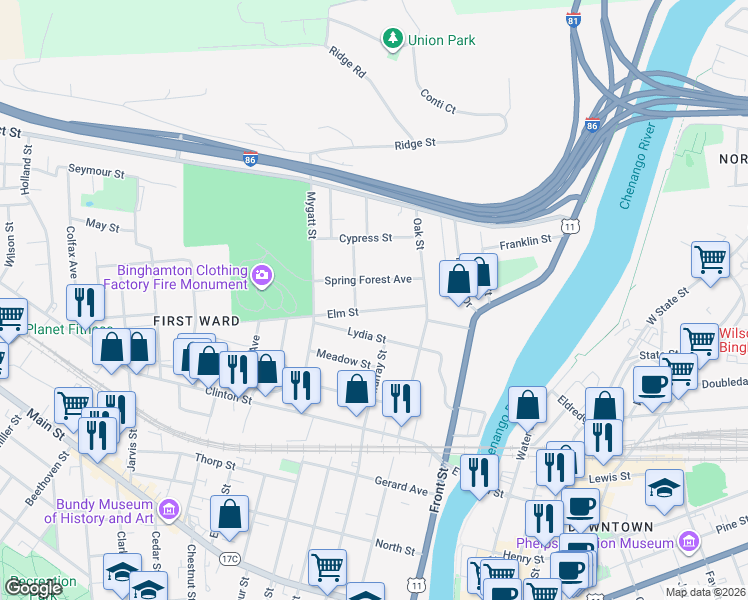 map of restaurants, bars, coffee shops, grocery stores, and more near 26 Spring Forest Avenue in Binghamton