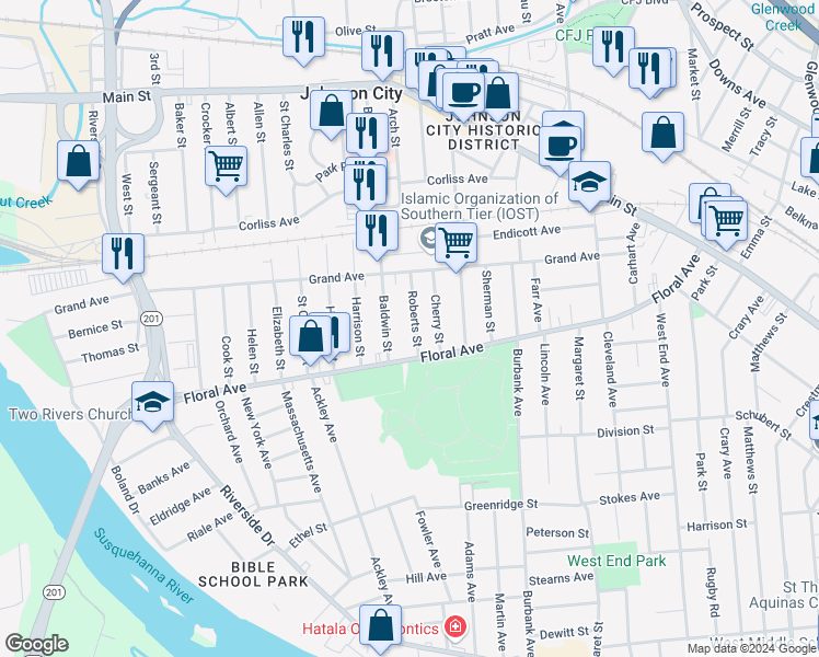 map of restaurants, bars, coffee shops, grocery stores, and more near 195 Baldwin Street in Johnson City