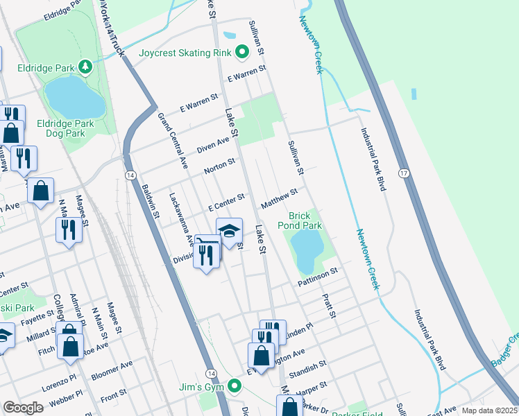 map of restaurants, bars, coffee shops, grocery stores, and more near 1226-1228 Lake Street in Elmira