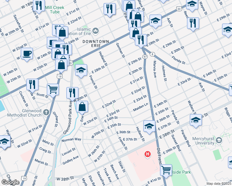 map of restaurants, bars, coffee shops, grocery stores, and more near 3017 Holland Street in Erie