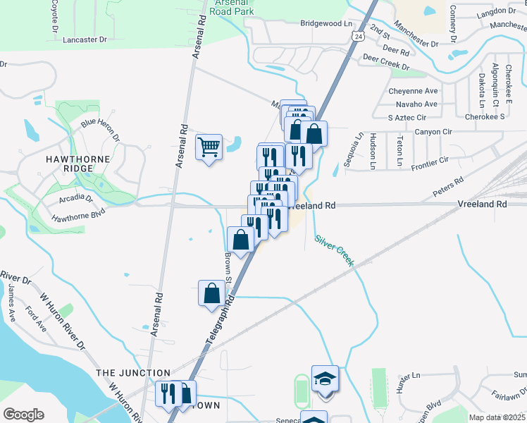 map of restaurants, bars, coffee shops, grocery stores, and more near 27000 Telegraph Road in Flat Rock