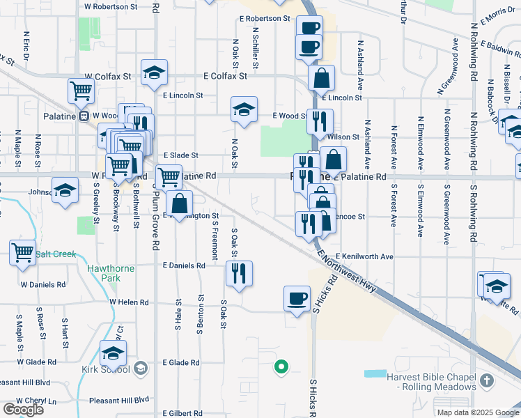 map of restaurants, bars, coffee shops, grocery stores, and more near 201 East Parallel Street in Palatine