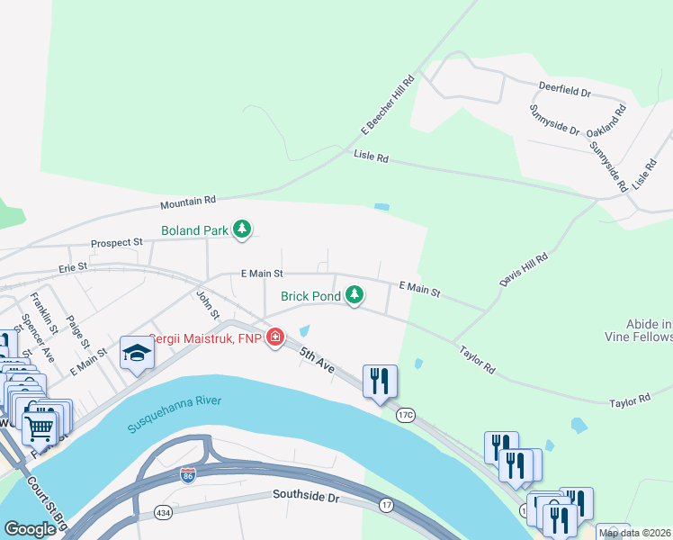 map of restaurants, bars, coffee shops, grocery stores, and more near 525 East Main Street in Owego