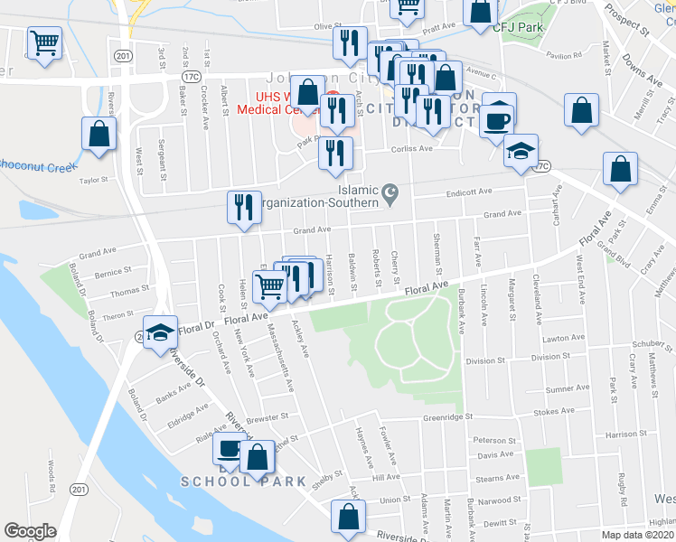 map of restaurants, bars, coffee shops, grocery stores, and more near 219 Harrison Street in Johnson City