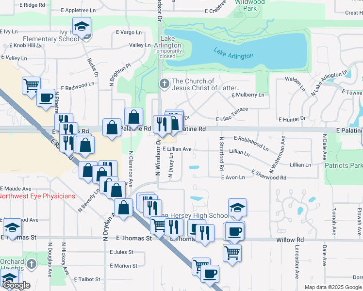 map of restaurants, bars, coffee shops, grocery stores, and more near 1447 East Palatine Road in Arlington Heights