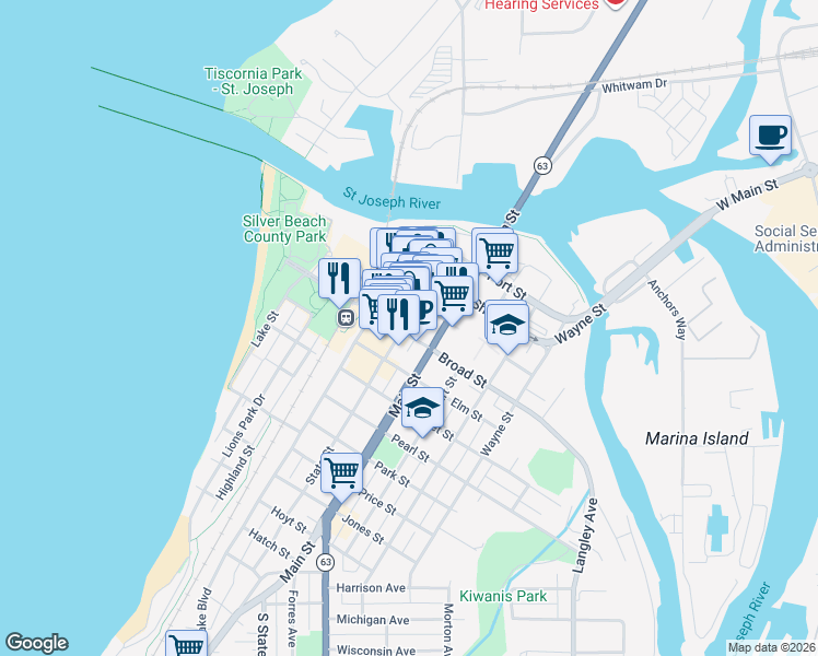 map of restaurants, bars, coffee shops, grocery stores, and more near 306 State Street in St. Joseph