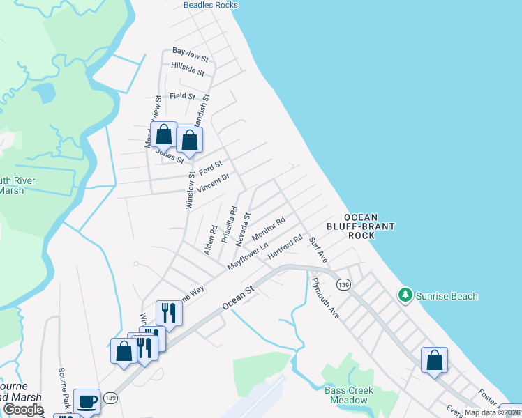 map of restaurants, bars, coffee shops, grocery stores, and more near 102 Nevada Street in Marshfield