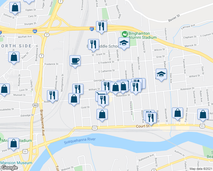 map of restaurants, bars, coffee shops, grocery stores, and more near 50 Broad Avenue in Binghamton