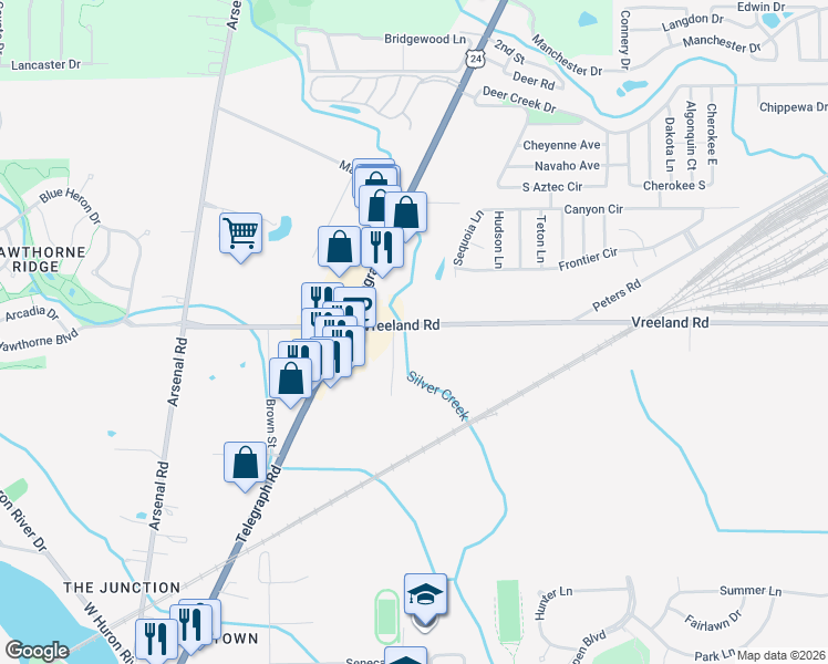 map of restaurants, bars, coffee shops, grocery stores, and more near in Brownstown Charter Township
