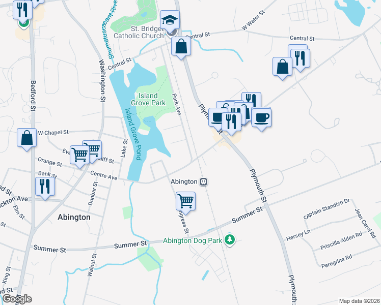 map of restaurants, bars, coffee shops, grocery stores, and more near 49 Park Avenue in Abington