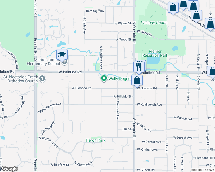 map of restaurants, bars, coffee shops, grocery stores, and more near 3361 Crescent in Palatine