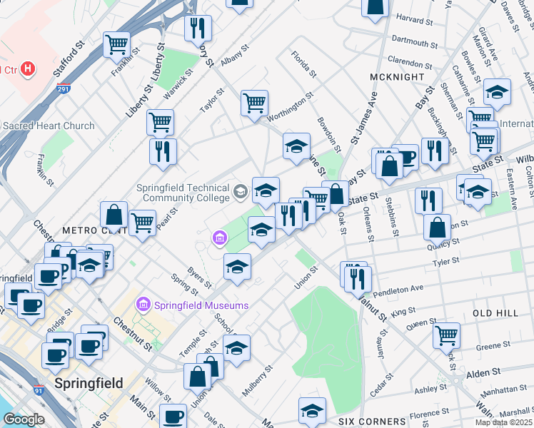 map of restaurants, bars, coffee shops, grocery stores, and more near 1 Armory Street in Springfield