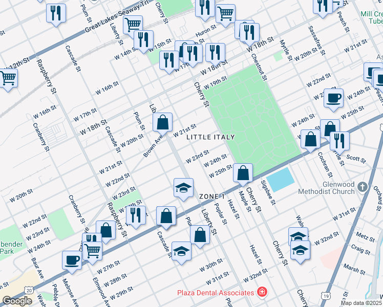map of restaurants, bars, coffee shops, grocery stores, and more near 2201 Poplar Street in Erie