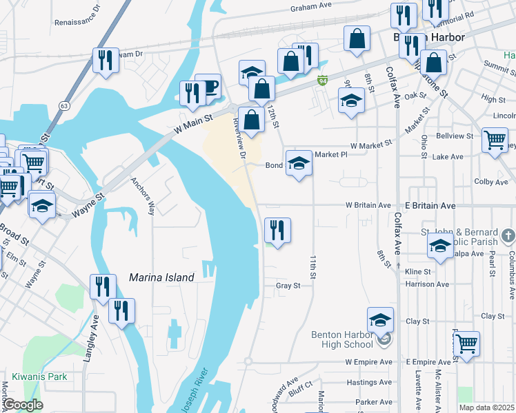 map of restaurants, bars, coffee shops, grocery stores, and more near in Benton Harbor