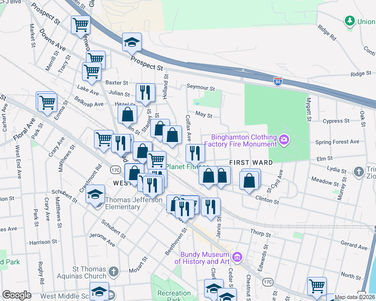 map of restaurants, bars, coffee shops, grocery stores, and more near 28 Colfax Avenue in Binghamton