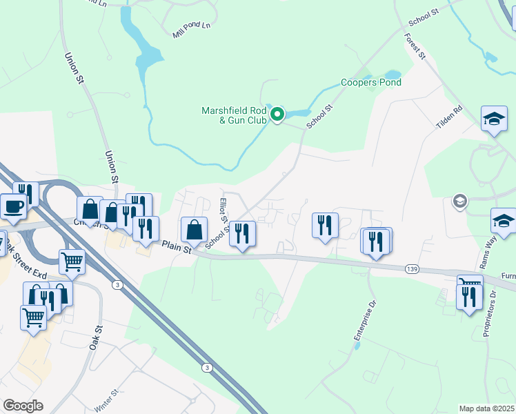 map of restaurants, bars, coffee shops, grocery stores, and more near 410 School Street in Marshfield