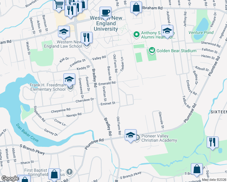 map of restaurants, bars, coffee shops, grocery stores, and more near 63 Emerald Road in Springfield