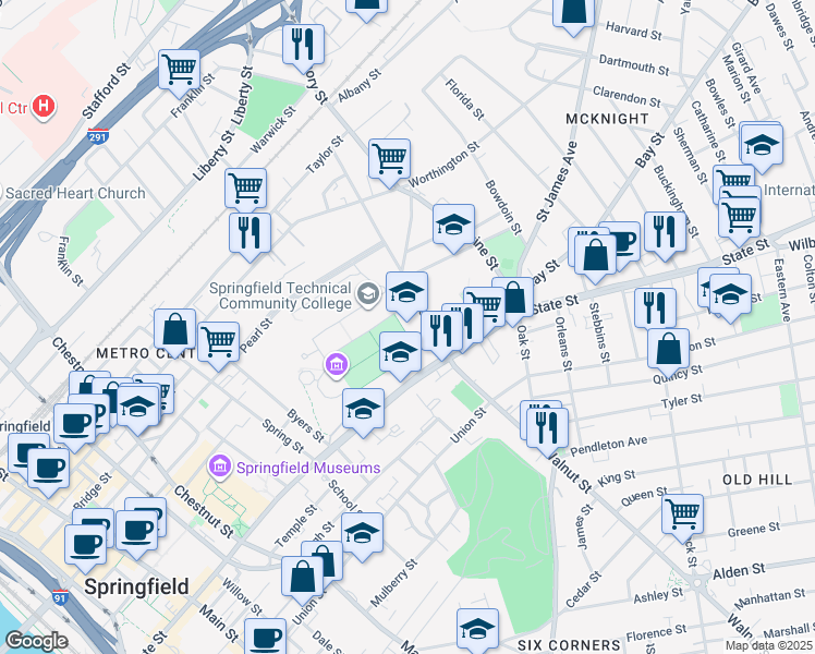 map of restaurants, bars, coffee shops, grocery stores, and more near 1 Federal St in Springfield