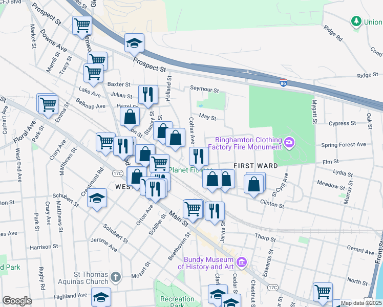 map of restaurants, bars, coffee shops, grocery stores, and more near 28 Colfax Avenue in Binghamton