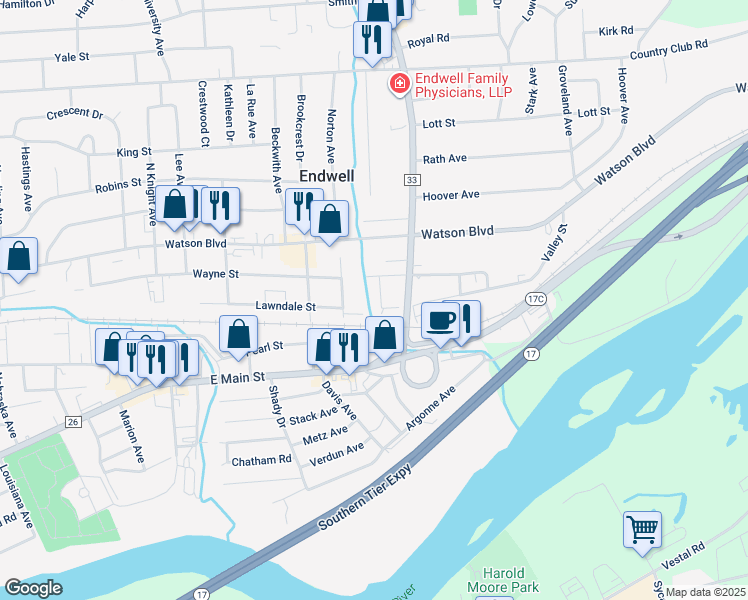 map of restaurants, bars, coffee shops, grocery stores, and more near 3514 Mary Street in Endicott