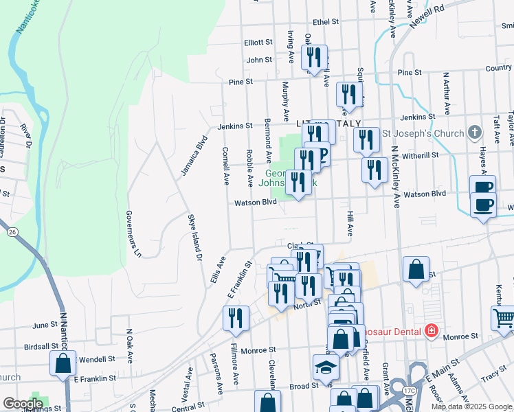 map of restaurants, bars, coffee shops, grocery stores, and more near in Endicott