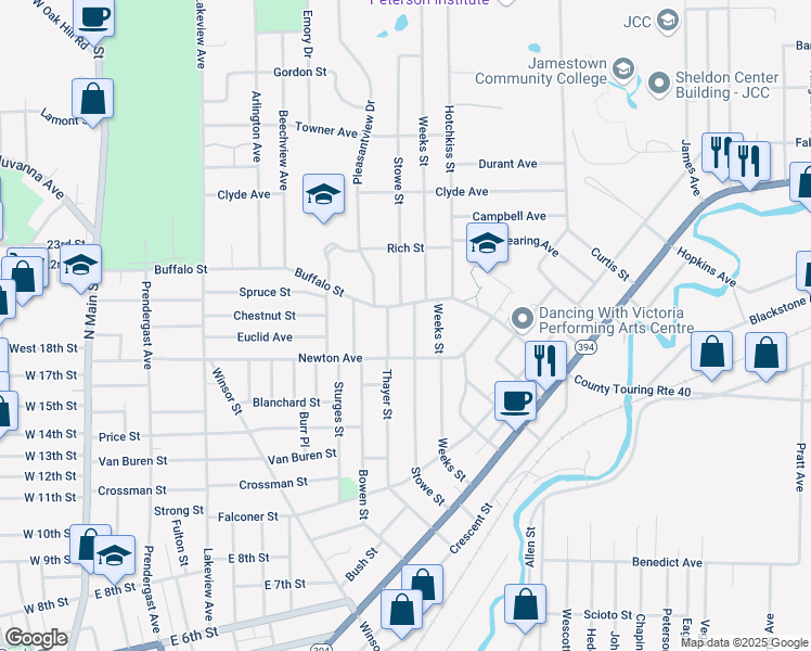 map of restaurants, bars, coffee shops, grocery stores, and more near 274 Buffalo Street in Jamestown