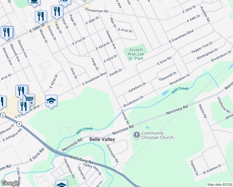 map of restaurants, bars, coffee shops, grocery stores, and more near 1919-1925 East Gore Road in Erie