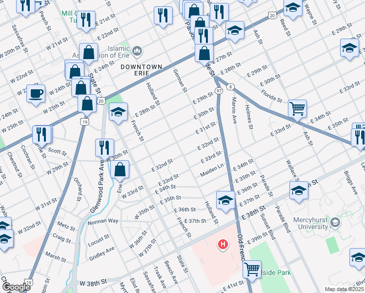 map of restaurants, bars, coffee shops, grocery stores, and more near 3017 Holland Street in Erie