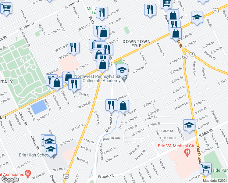 map of restaurants, bars, coffee shops, grocery stores, and more near 29 West 29th Street in Erie
