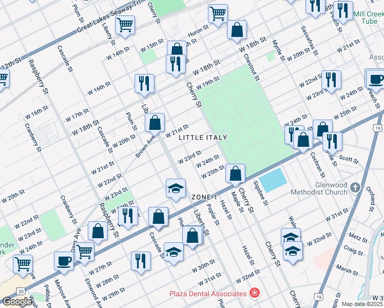 map of restaurants, bars, coffee shops, grocery stores, and more near 2201 Poplar Street in Erie