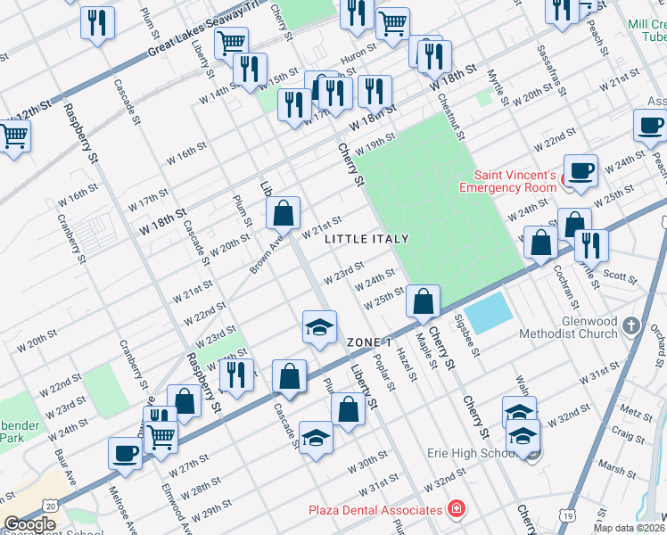 map of restaurants, bars, coffee shops, grocery stores, and more near 2201 Poplar Street in Erie