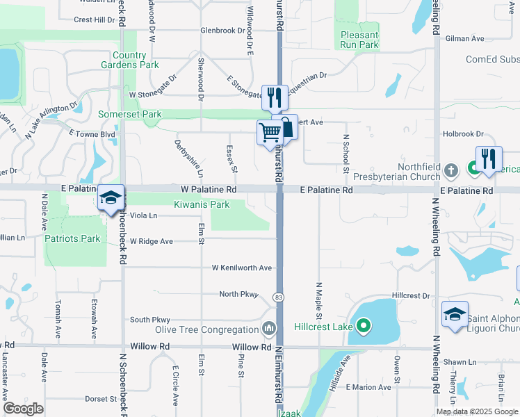 map of restaurants, bars, coffee shops, grocery stores, and more near 710 North Elmhurst Road in Prospect Heights