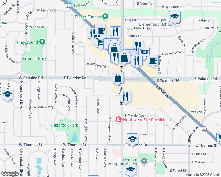 map of restaurants, bars, coffee shops, grocery stores, and more near in Arlington Heights