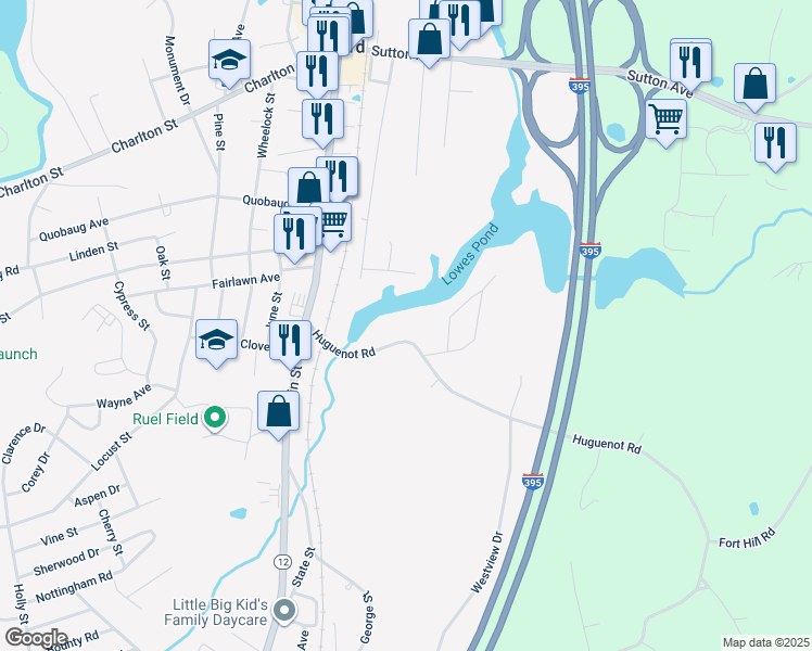 map of restaurants, bars, coffee shops, grocery stores, and more near 13 Huguenot Road in Oxford