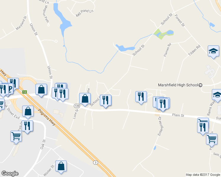 map of restaurants, bars, coffee shops, grocery stores, and more near 410 School Street in Marshfield