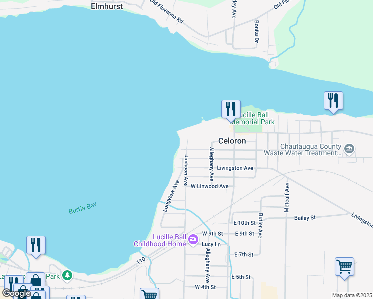 map of restaurants, bars, coffee shops, grocery stores, and more near Jackson Avenue & Marine Park Drive in Celoron