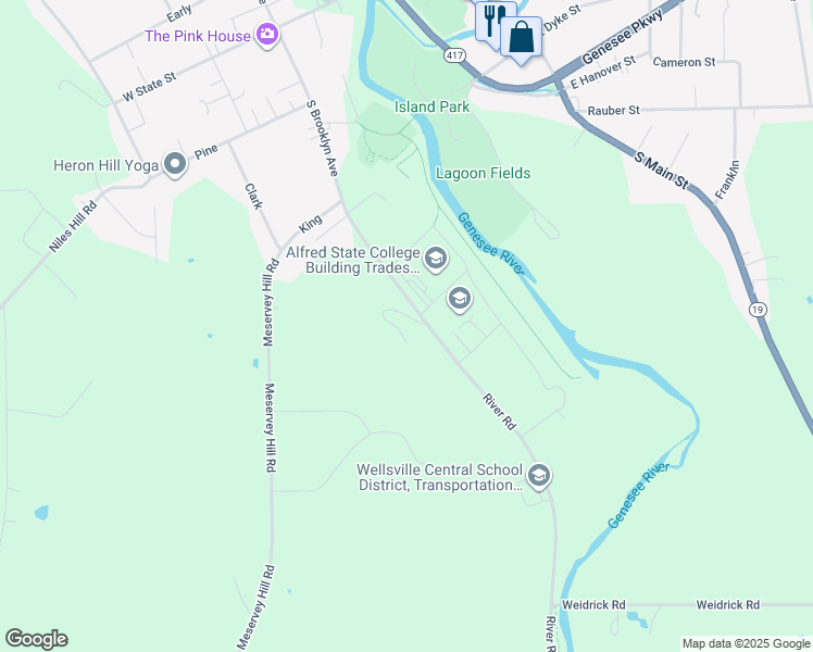 map of restaurants, bars, coffee shops, grocery stores, and more near 1 South Brooklyn Avenue in Wellsville