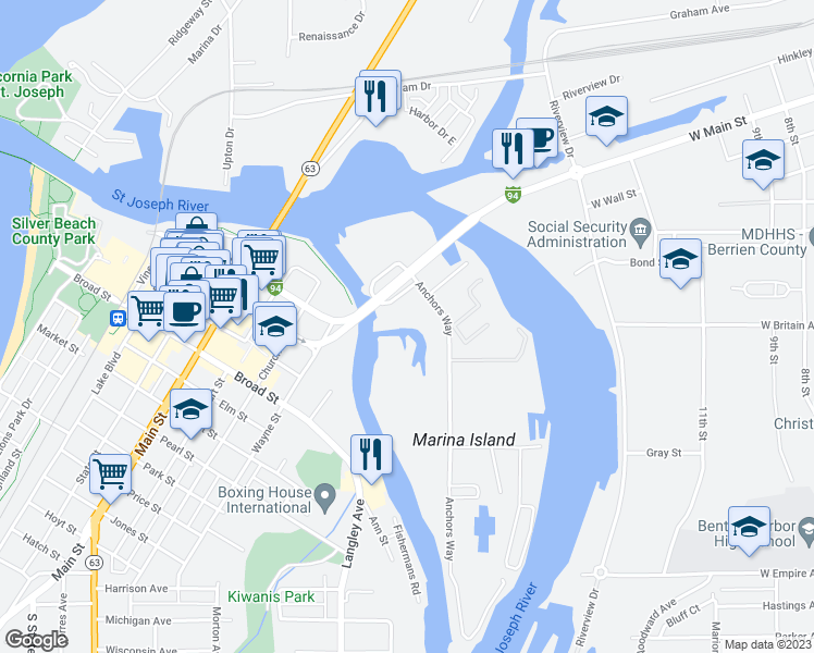 map of restaurants, bars, coffee shops, grocery stores, and more near 220 Anchors Way in St. Joseph