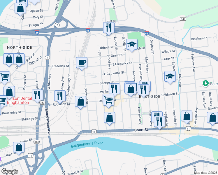 map of restaurants, bars, coffee shops, grocery stores, and more near 35 George Street in Binghamton