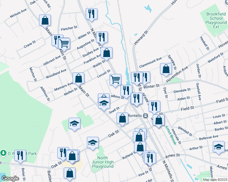 map of restaurants, bars, coffee shops, grocery stores, and more near 14 Lorrie Avenue in Brockton