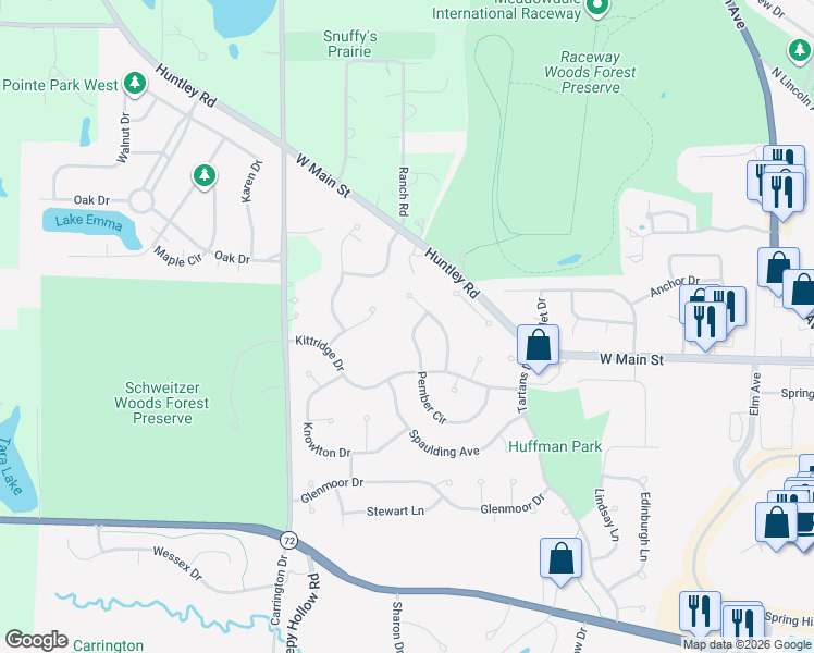 map of restaurants, bars, coffee shops, grocery stores, and more near 1218 Thatcher Trail in West Dundee