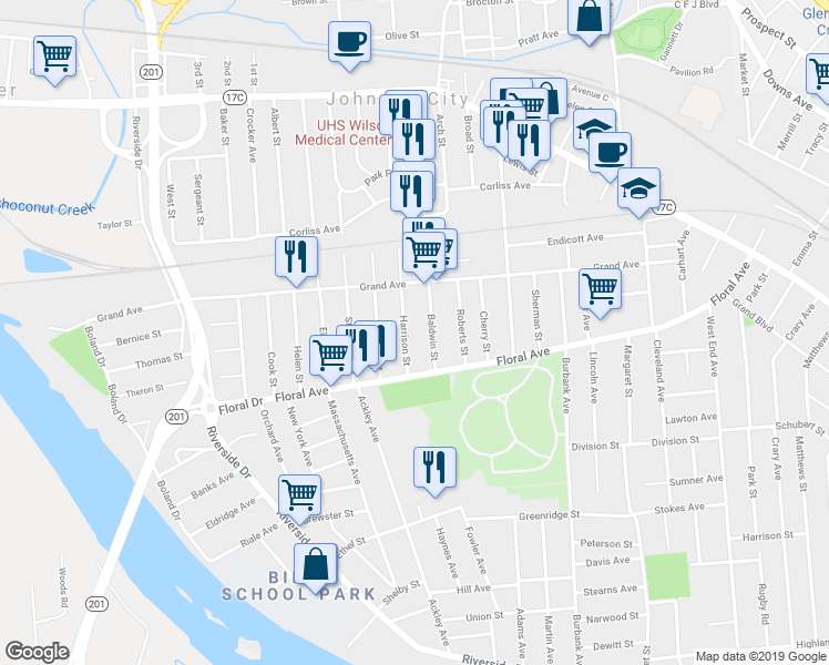 map of restaurants, bars, coffee shops, grocery stores, and more near 215 Harrison Street in Johnson City