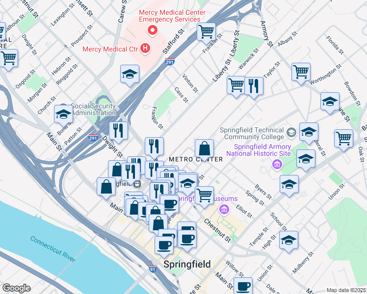 map of restaurants, bars, coffee shops, grocery stores, and more near 204 Lyman Street in Springfield