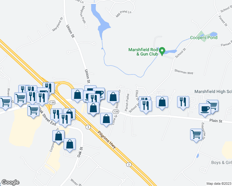 map of restaurants, bars, coffee shops, grocery stores, and more near 7 Royal Dane Drive in Marshfield