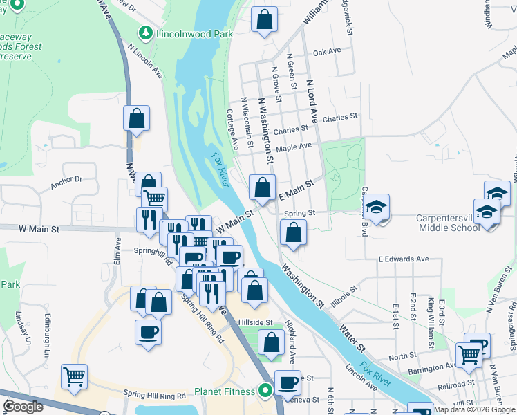 map of restaurants, bars, coffee shops, grocery stores, and more near 15 North Wisconsin Street in Carpentersville